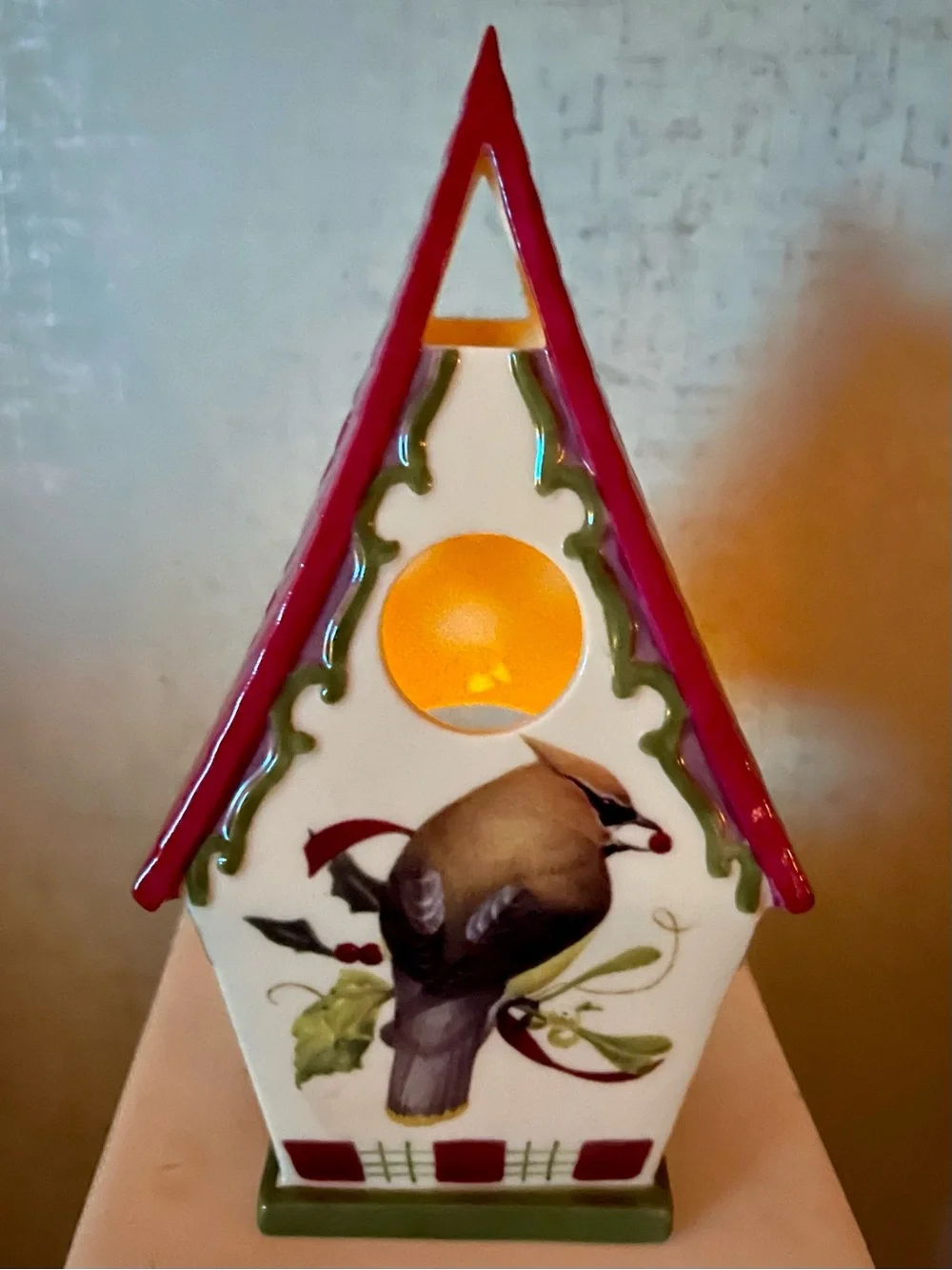 VINTAGE Lenox Winter Greetings Ceramic Votive Holder CEDAR WAX WING BIRD EUC